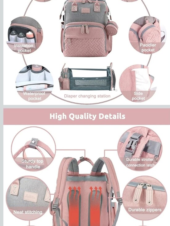 JOLLITO Quilted Baby Diaper Bag Backpack with Changing Station Pink main image 12